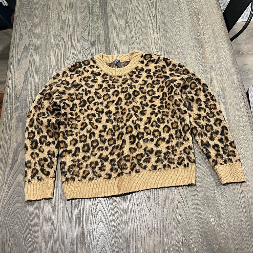 ALYA Fashion Sweaater Crew Neck Leopard Pattern Cream Ribbed Hem Brown Size M